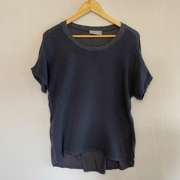 Tina Stevens Linen Cotton Short Sleeve Dark Blue Top One Size Fits Most - Picture 8 of 8